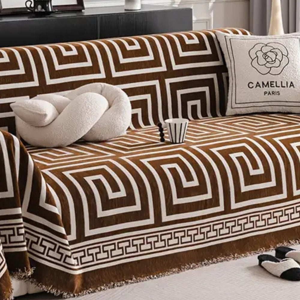 Sofa Cover Chenille Anti-Scratch Greek Key Tassels - Image 3
