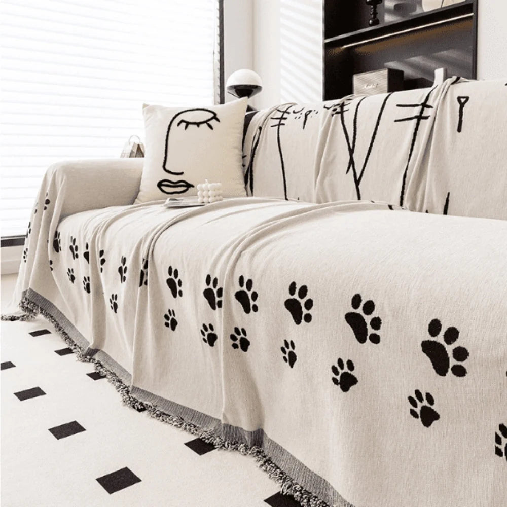 Sofa Cover Chenille Cat Paw Print Tassel Edge - Image 3