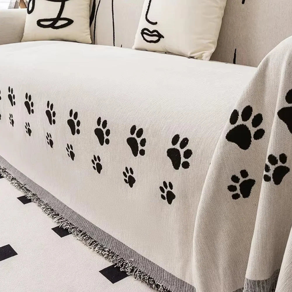 Sofa Cover Chenille Cat Paw Print Tassel Edge - Image 4