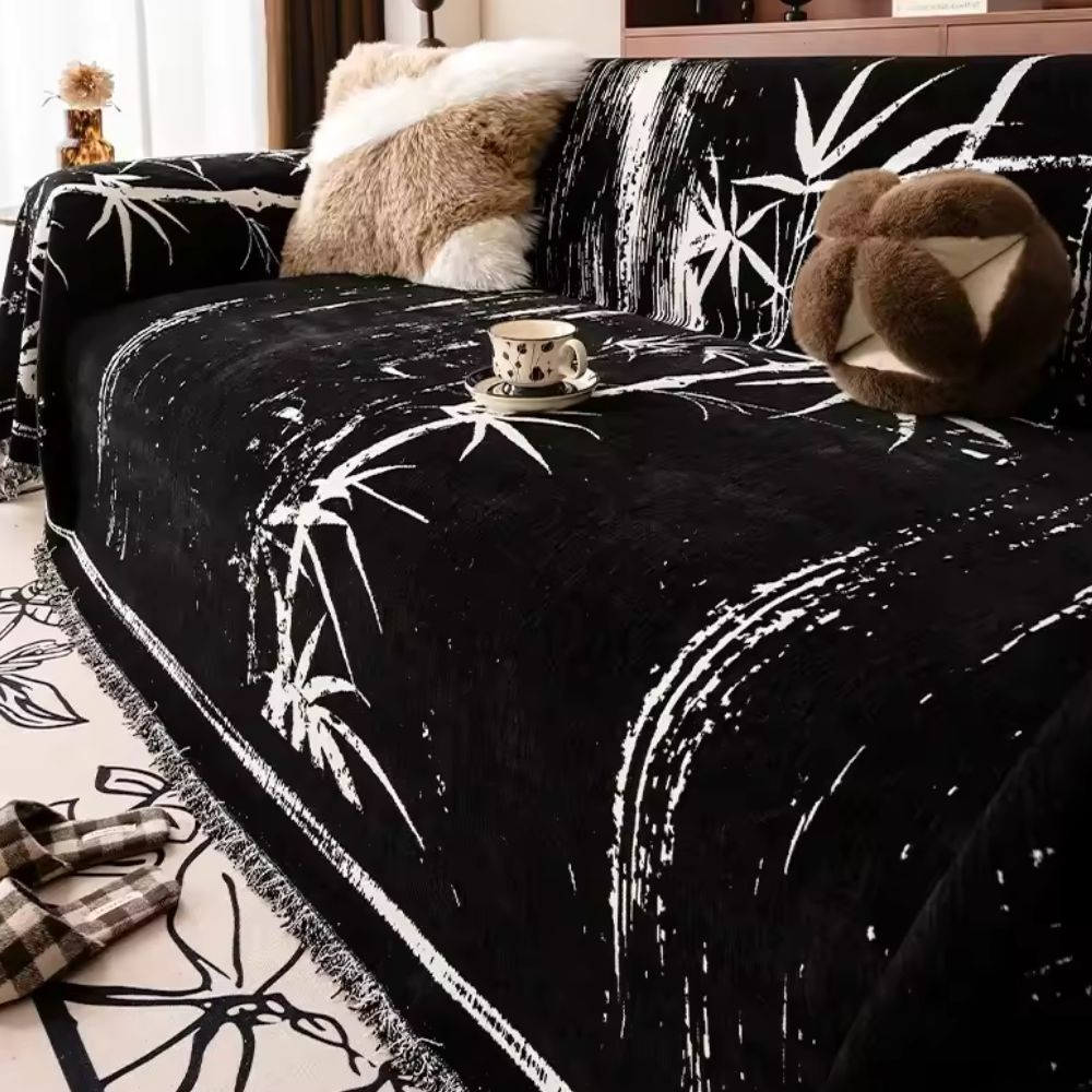 Sofa Cover Chenille Fabric Bamboo Print Fringed Edges - Image 3