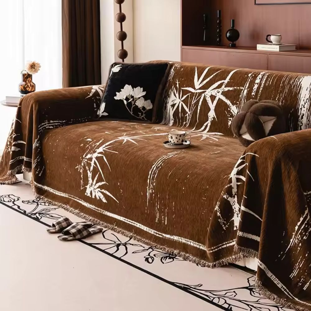 Sofa Cover Chenille Fabric Bamboo Print Fringed Edges - Image 4
