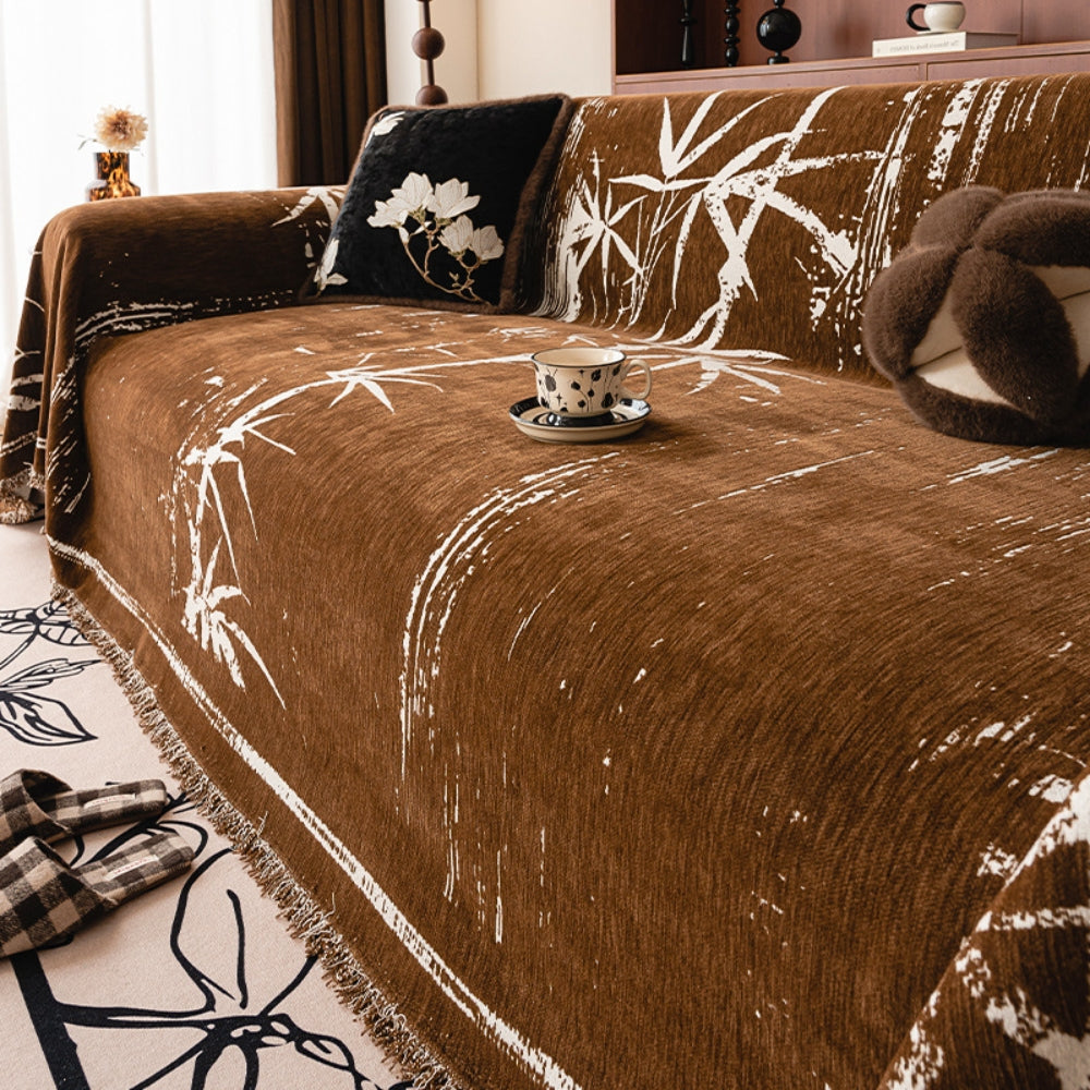 Sofa Cover Chenille Fabric Bamboo Print Fringed Edges - Image 7