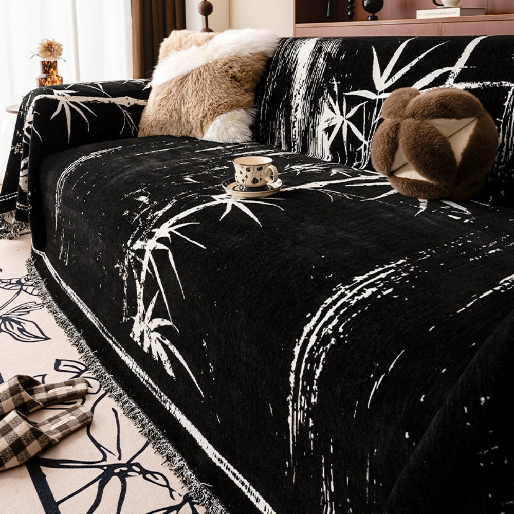 Sofa Cover Chenille Fabric Bamboo Print Fringed Edges - Image 8