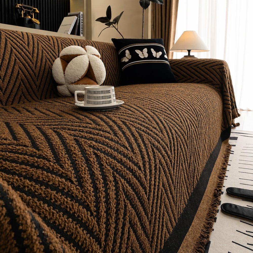 Sofa Cover Microfiber Blend Chevron Herringbone & Tassel Trim - Image 3