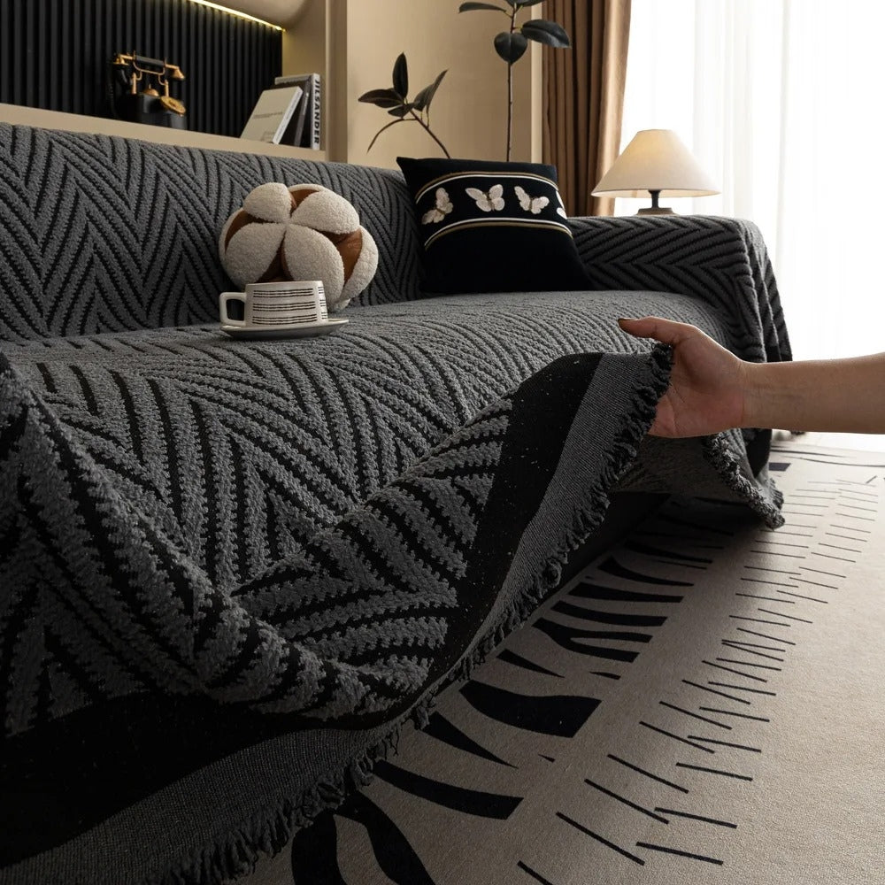Sofa Cover Microfiber Blend Chevron Herringbone & Tassel Trim - Image 4