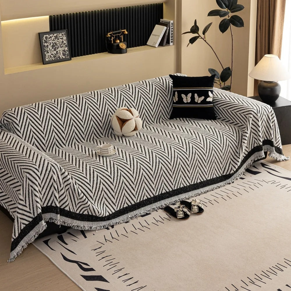 Sofa Cover Microfiber Blend Chevron Herringbone & Tassel Trim - Image 5