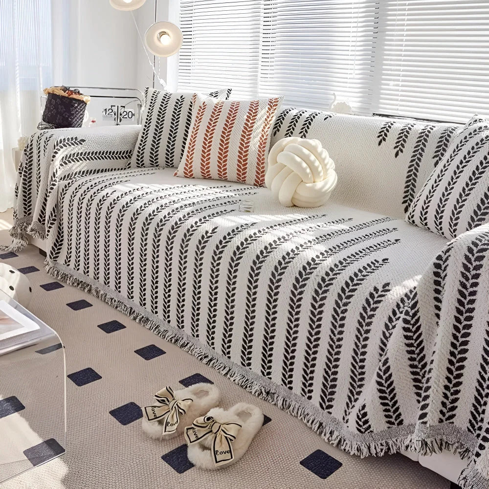 Sofa Cover Microfiber Leaf Pattern & Fringed Edge - Image 10