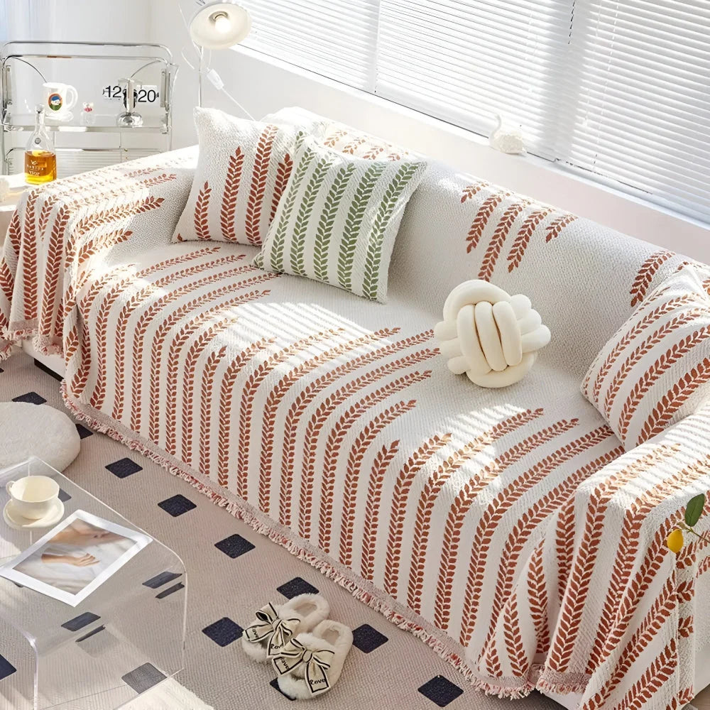 Sofa Cover Microfiber Leaf Pattern & Fringed Edge - Image 5