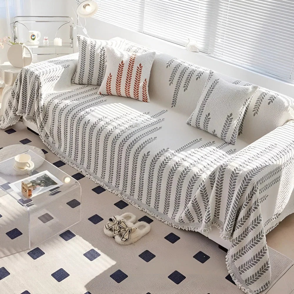 Sofa Cover Microfiber Leaf Pattern & Fringed Edge - Image 6