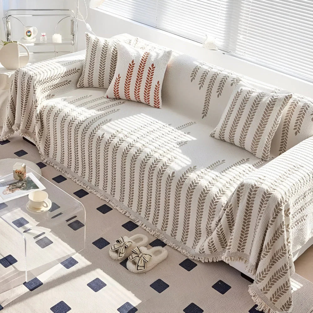 Sofa Cover Microfiber Leaf Pattern & Fringed Edge - Image 7
