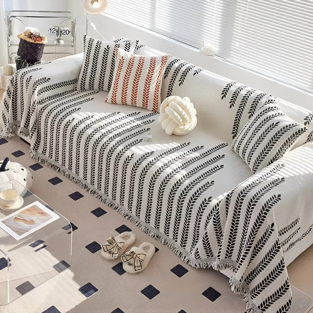 Sofa Cover Microfiber Leaf Pattern & Fringed Edge - Image 8