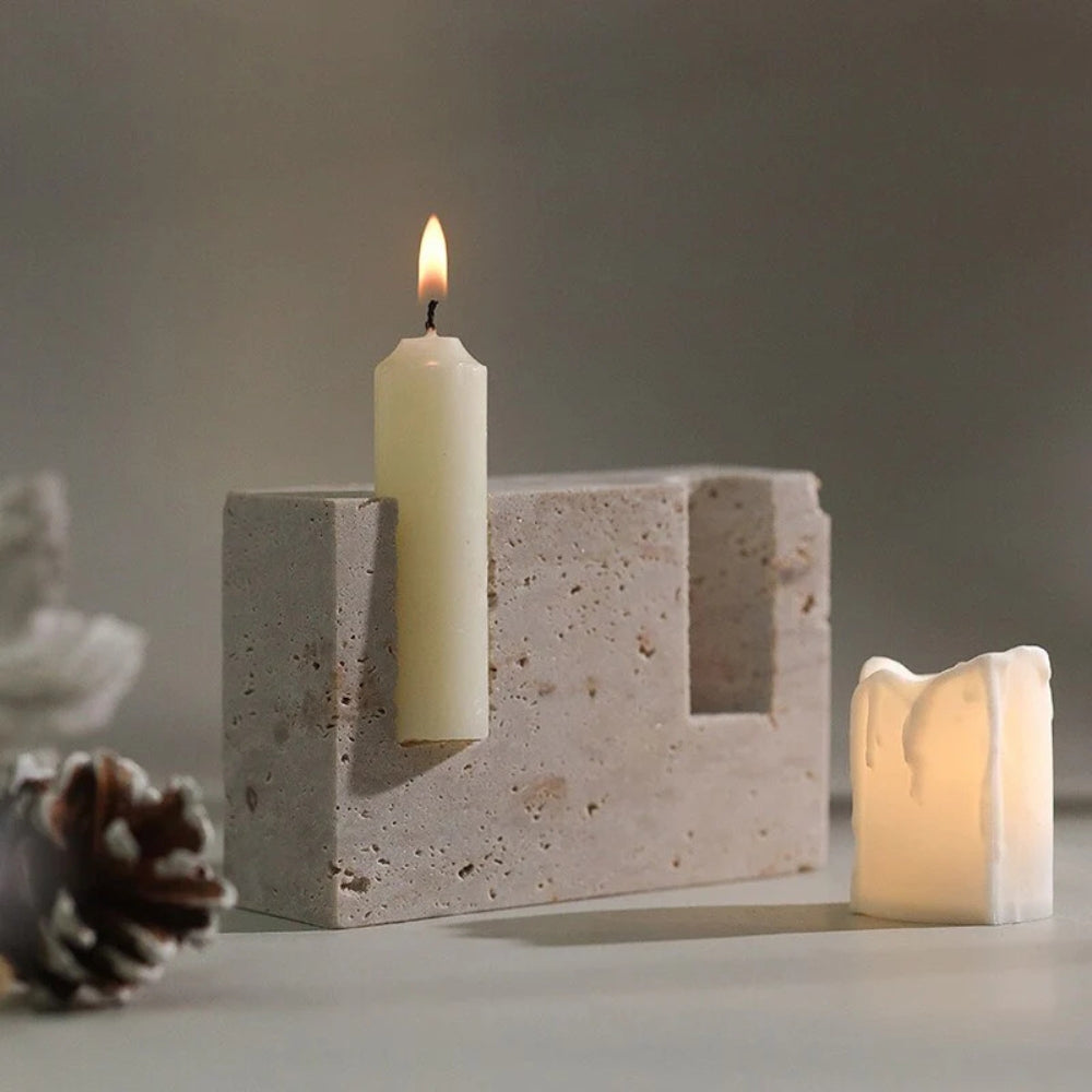 Taper Candle Holder Travertine Marble Handcrafted Holds Two - Image 2