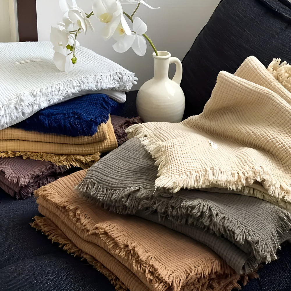 Throw Blanket 100% Cotton Crinkle Texture & Tassels - Image 2