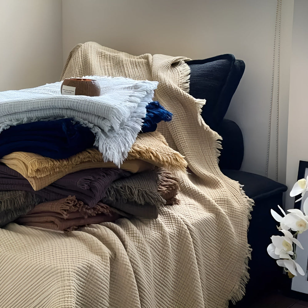 Throw Blanket 100% Cotton Crinkle Texture & Tassels - Image 3