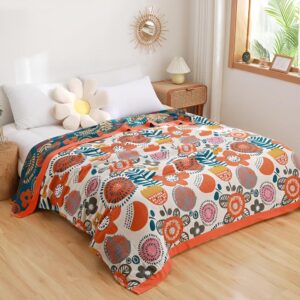 Throw Blanket Boho Flower Print Organic Cotton Lightweight