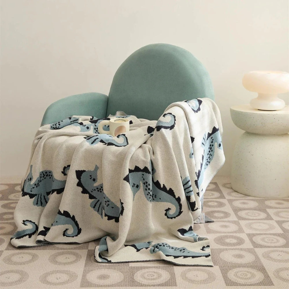 Throw Blanket Coastal Seahorse Jacquard Lightweight Cotton Machine Washable - Image 2