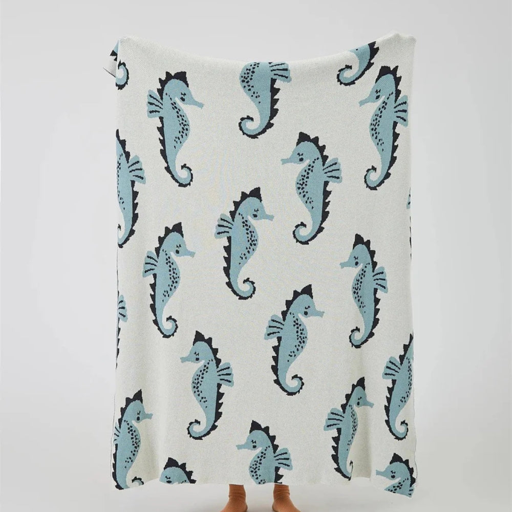 Throw Blanket Coastal Seahorse Jacquard Lightweight Cotton Machine Washable - Image 3