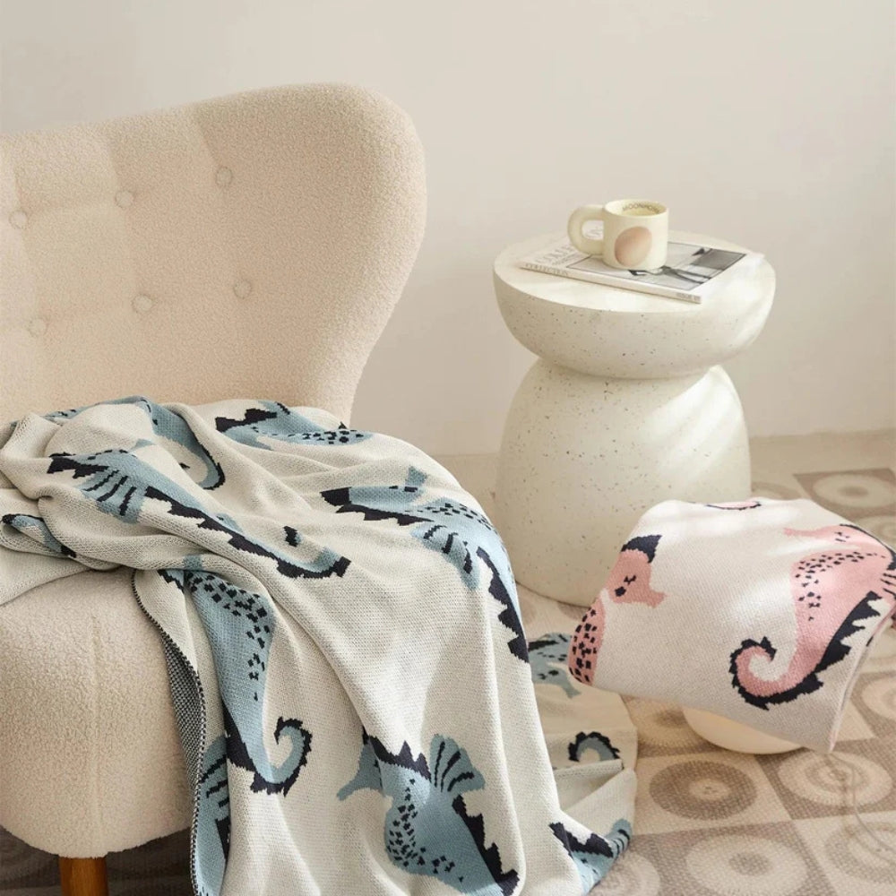 Throw Blanket Coastal Seahorse Jacquard Lightweight Cotton Machine Washable - Image 5
