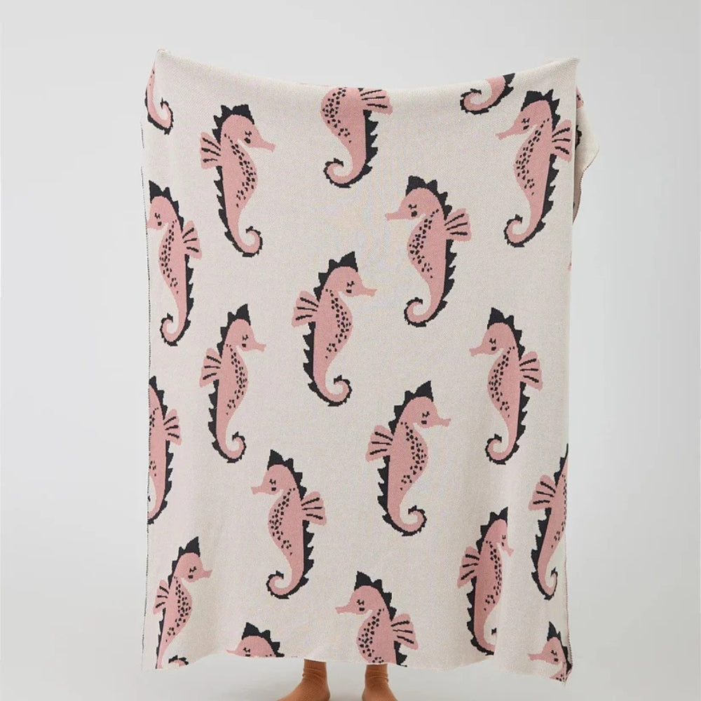 Throw Blanket Coastal Seahorse Jacquard Lightweight Cotton Machine Washable - Image 8
