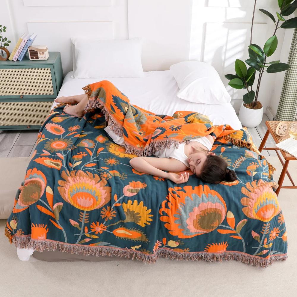 Throw Blanket Cotton Boho Floral Lightweight & Breathable - Image 2