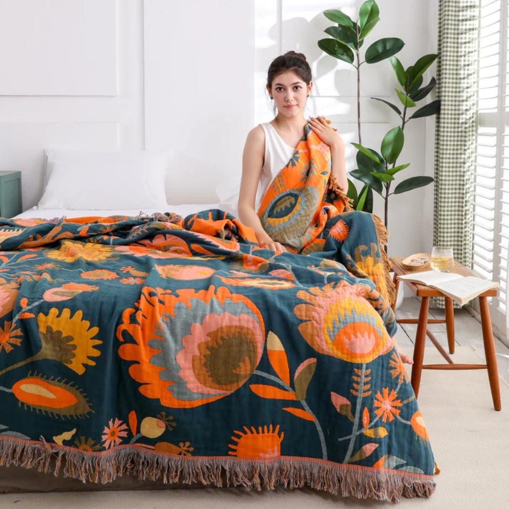 Throw Blanket Cotton Boho Floral Lightweight & Breathable - Image 3
