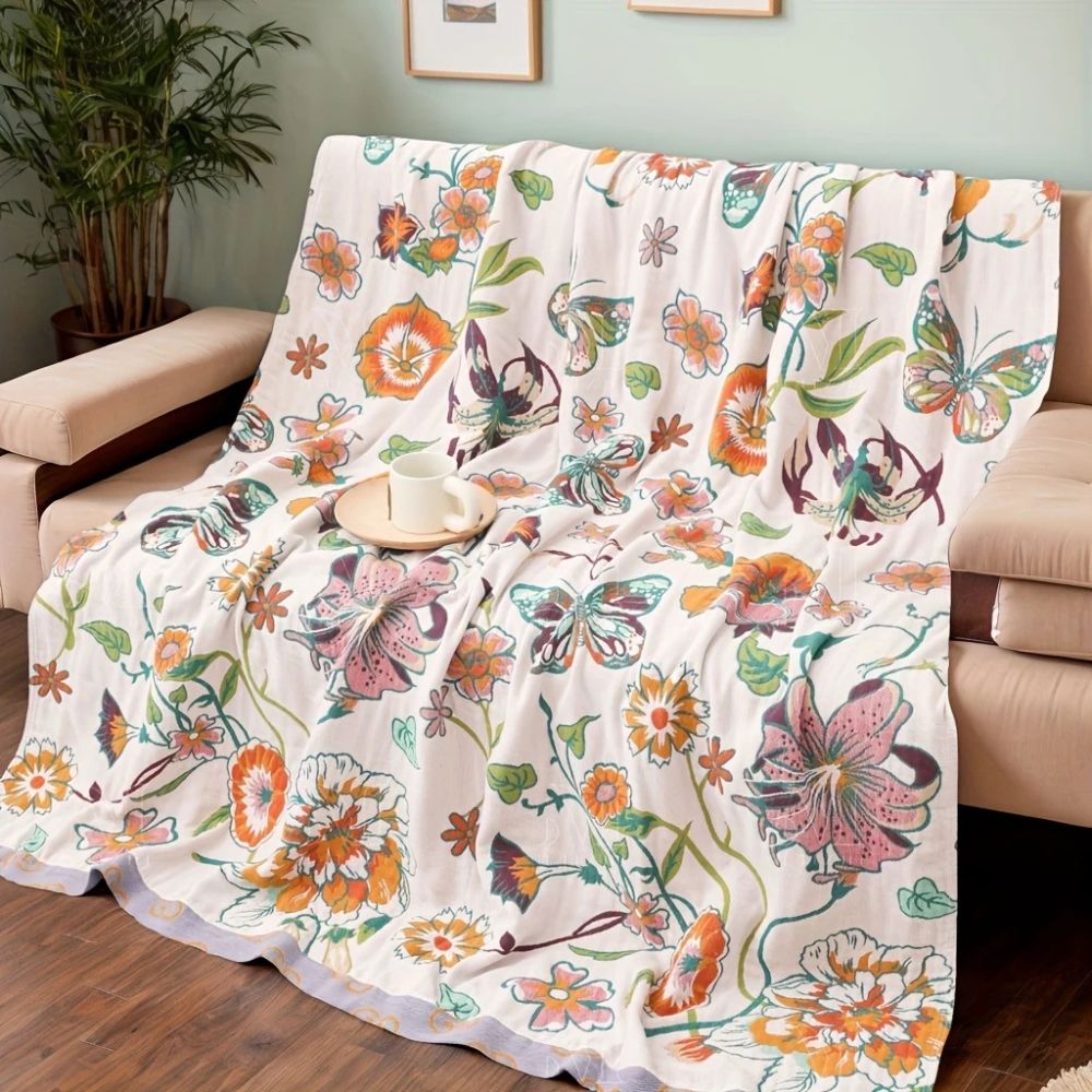 Throw Blanket Cotton Botanical Print Lightweight & Breathable - Image 2