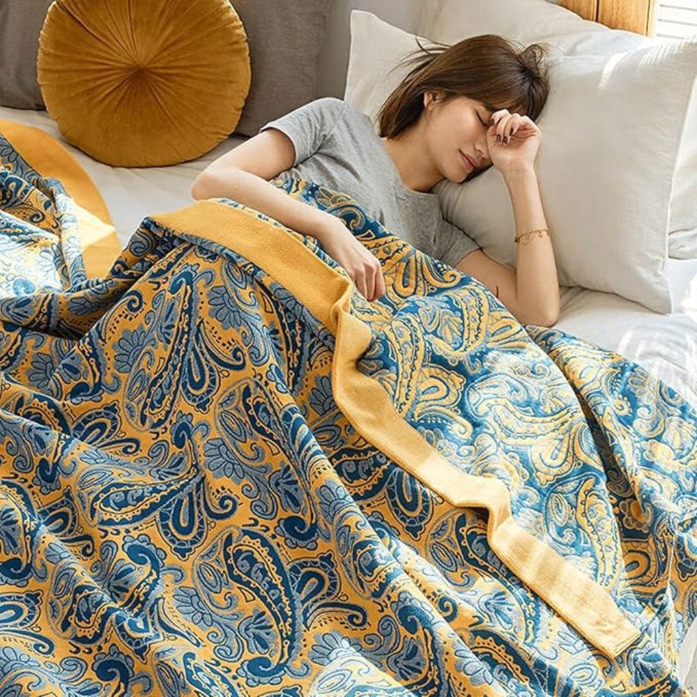 Throw Blanket Retro Azure & Gold 100% Cotton - Image 2