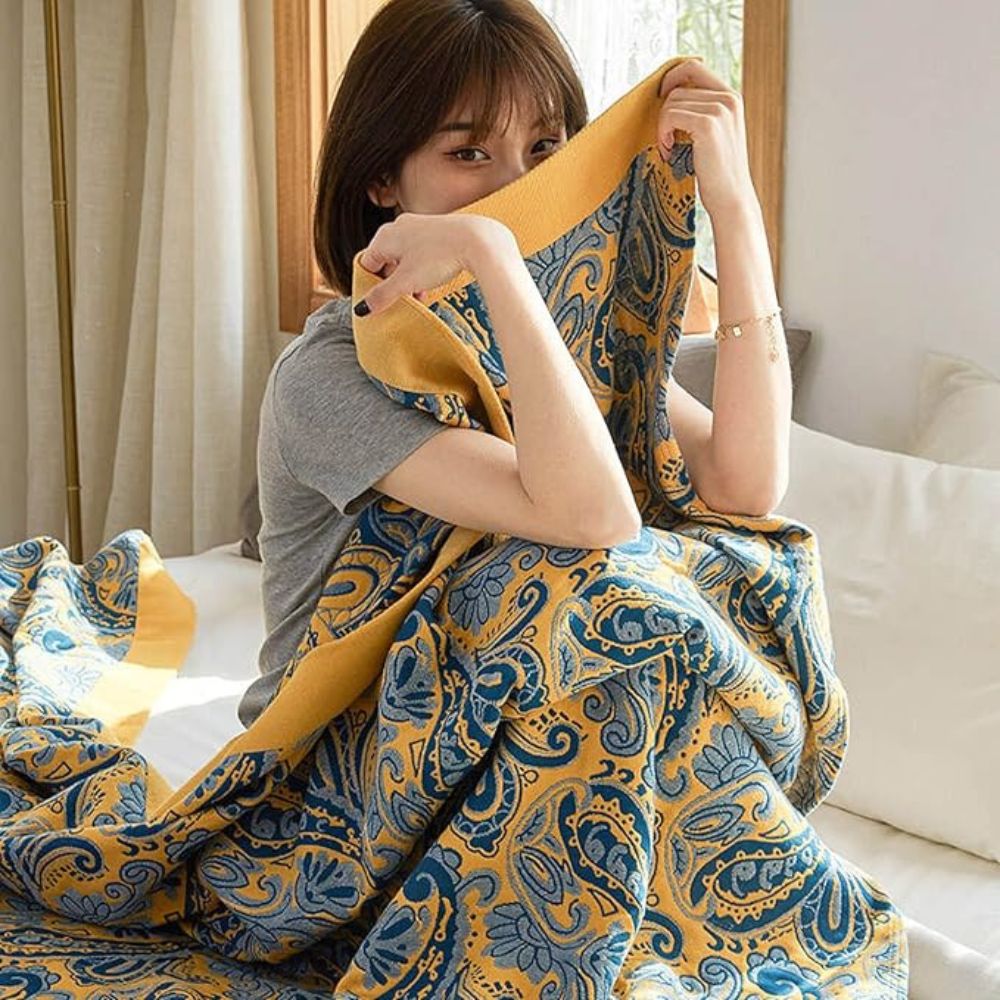 Throw Blanket Retro Azure & Gold 100% Cotton - Image 3