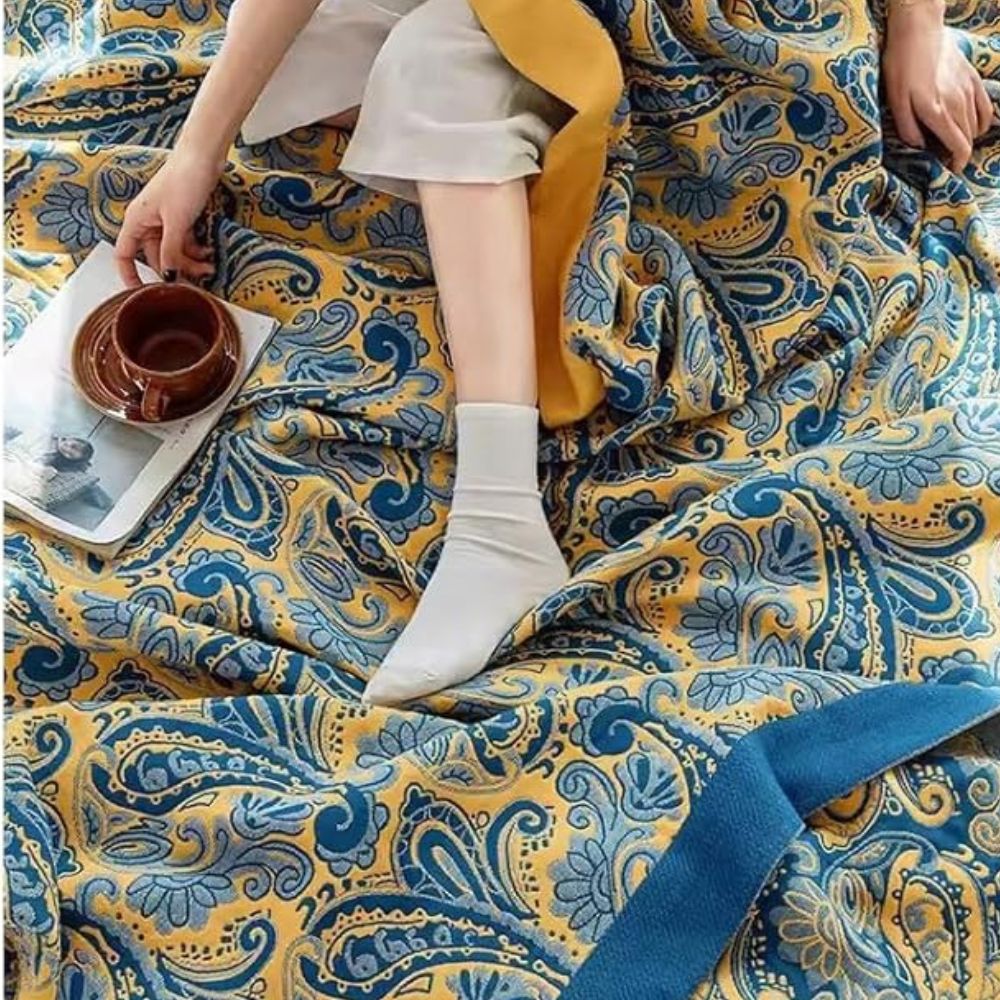 Throw Blanket Retro Azure & Gold 100% Cotton - Image 5
