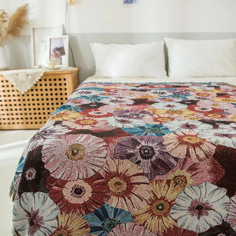 Throw Blanket Vintage Floral Cotton Polyester Blend Fringed Tassels - Image 2
