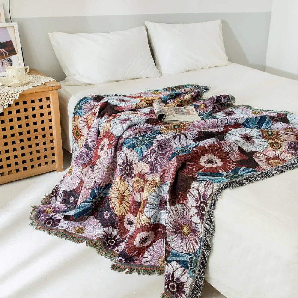 Throw Blanket Vintage Floral Cotton Polyester Blend Fringed Tassels - Image 3