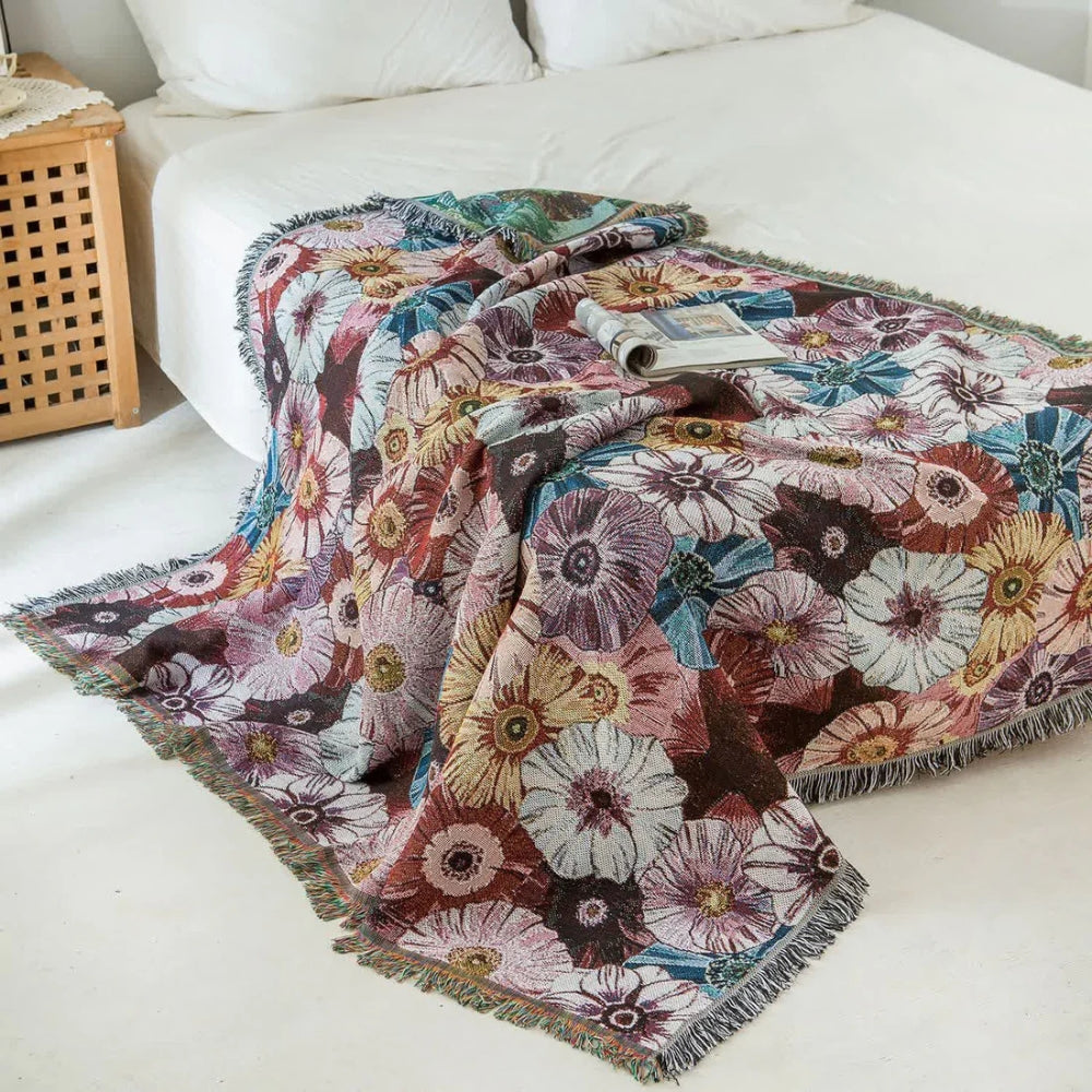 Throw Blanket Vintage Floral Cotton Polyester Blend Fringed Tassels - Image 4