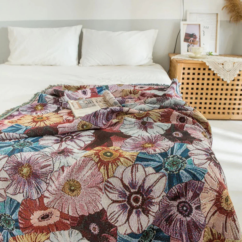 Throw Blanket Vintage Floral Cotton Polyester Blend Fringed Tassels - Image 5