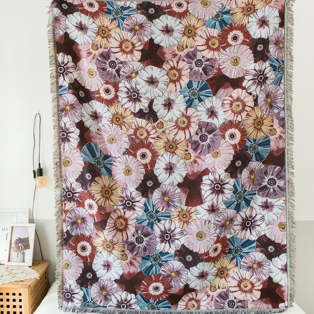 Throw Blanket Vintage Floral Cotton Polyester Blend Fringed Tassels - Image 6