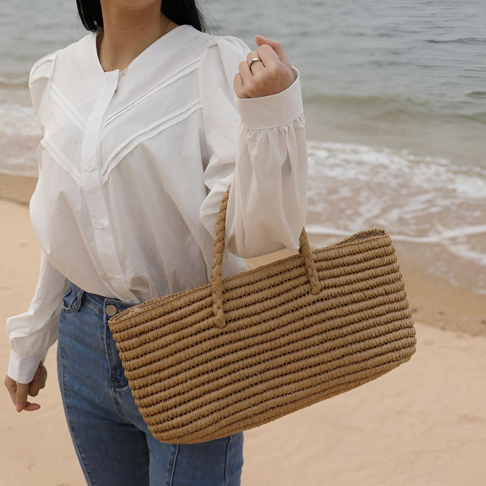 Tote Bag Handmade Straw Drawstring Pouch & Dual Handles - Image 2