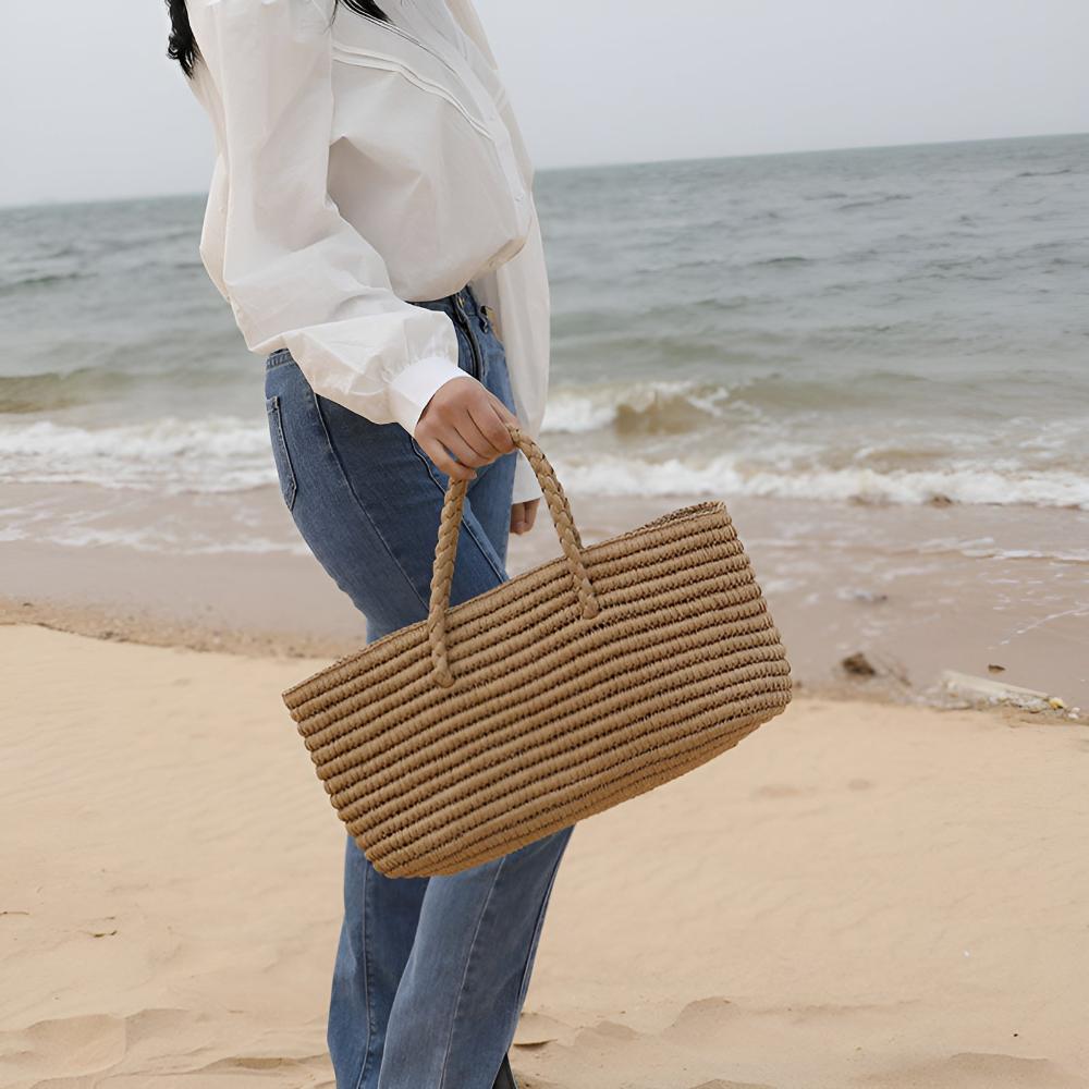Tote Bag Handmade Straw Drawstring Pouch & Dual Handles - Image 3