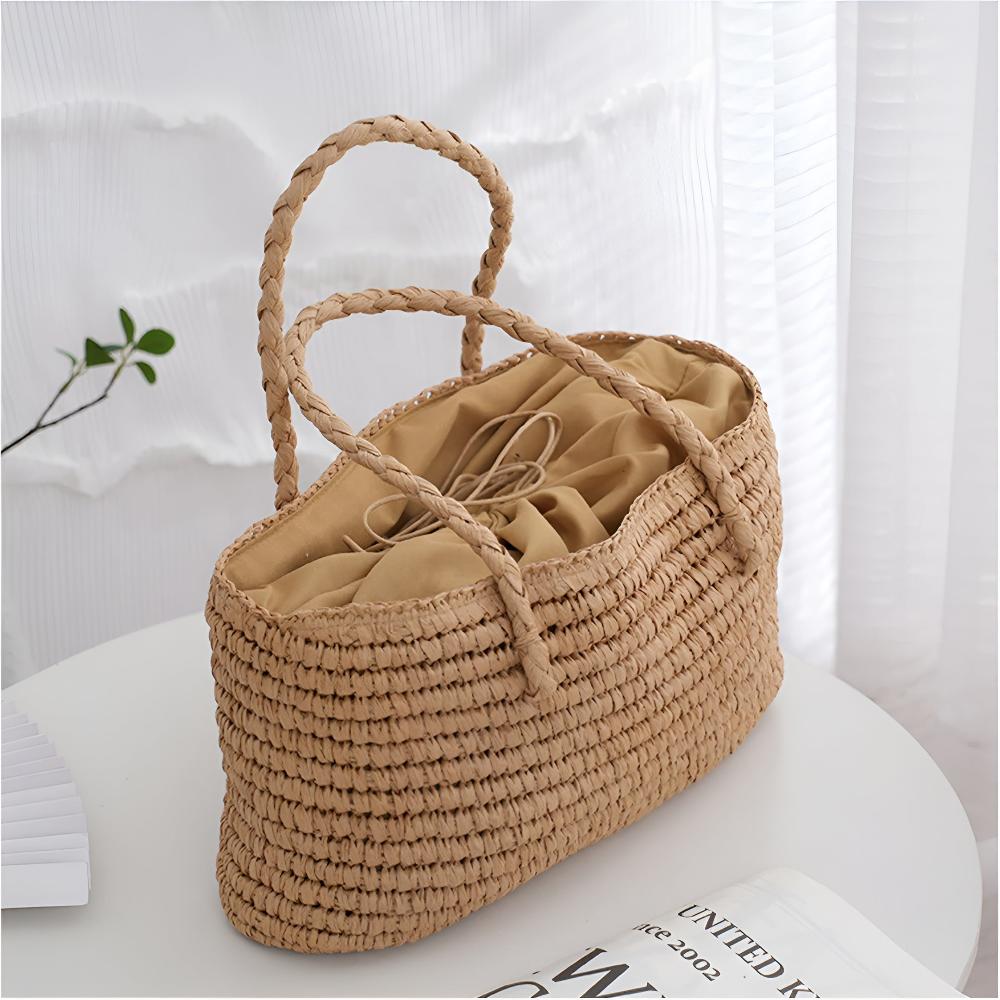 Tote Bag Handmade Straw Drawstring Pouch & Dual Handles - Image 4