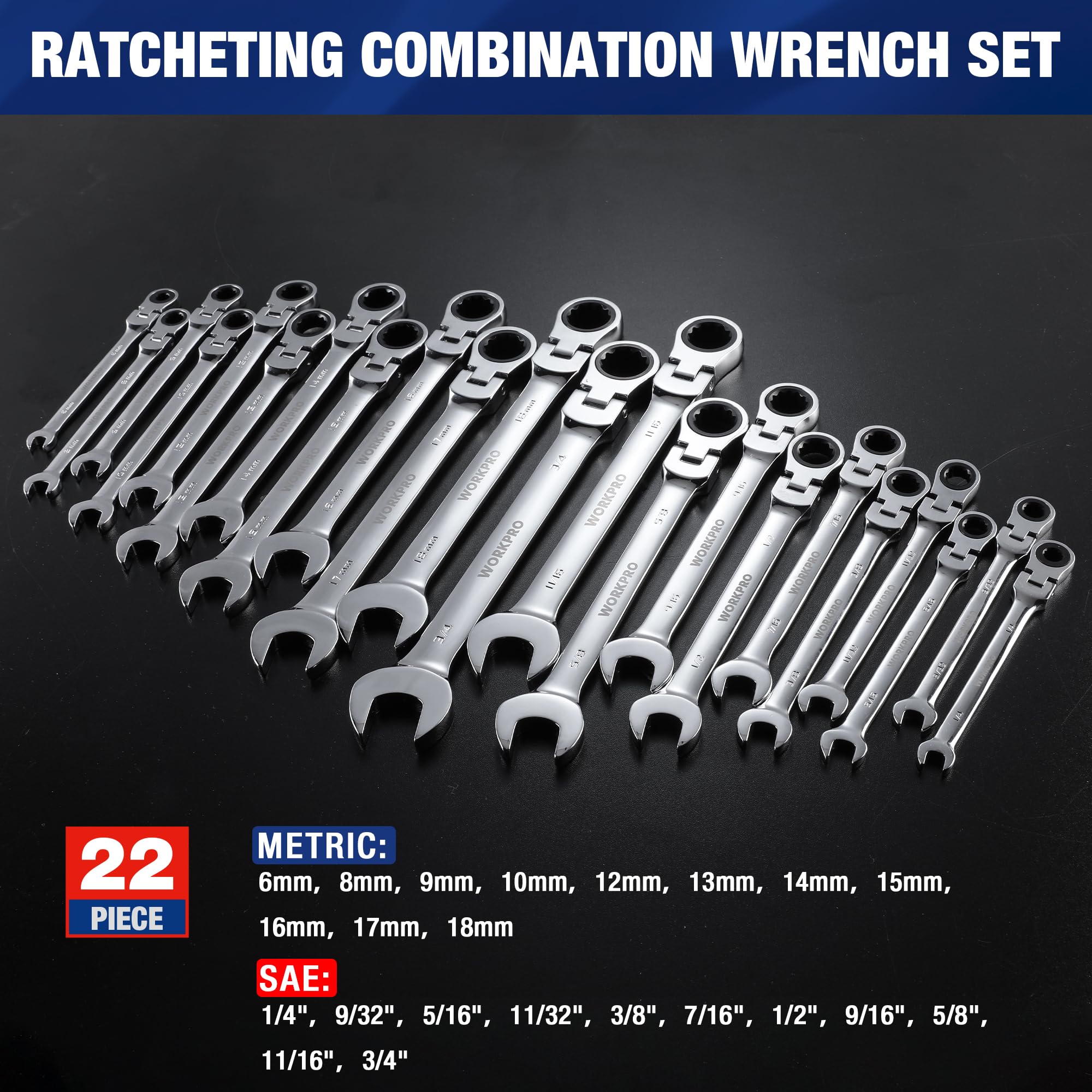 WORKPRO 22-Piece Flex-Head Ratcheting Combination Wrench Set - Image 2