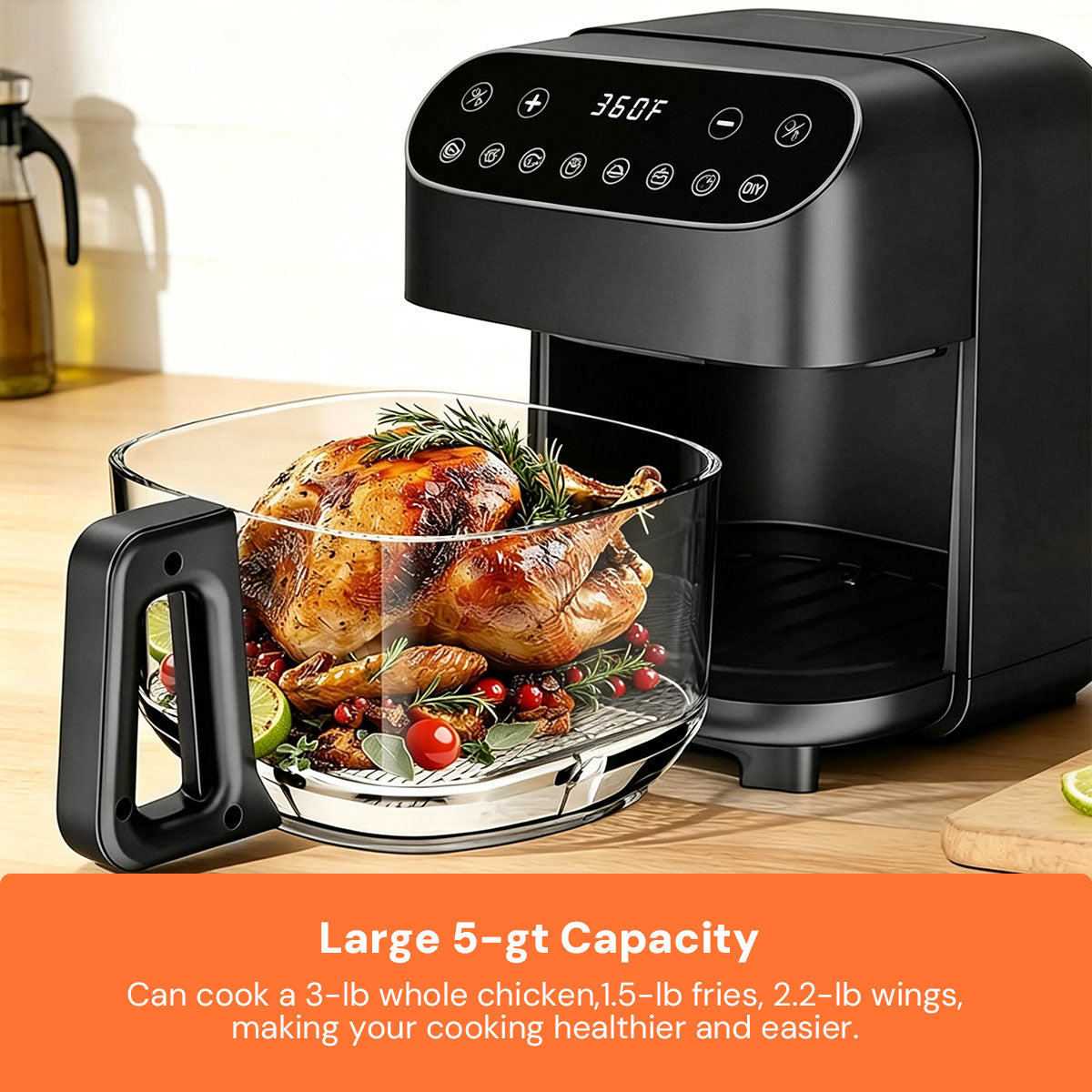 Kismile 5 Quart Glass Air Fryer, Non-Toxic PTFE-Free with 360° Visible Bowl, 8 Presets 12420KAF0 - Image 4