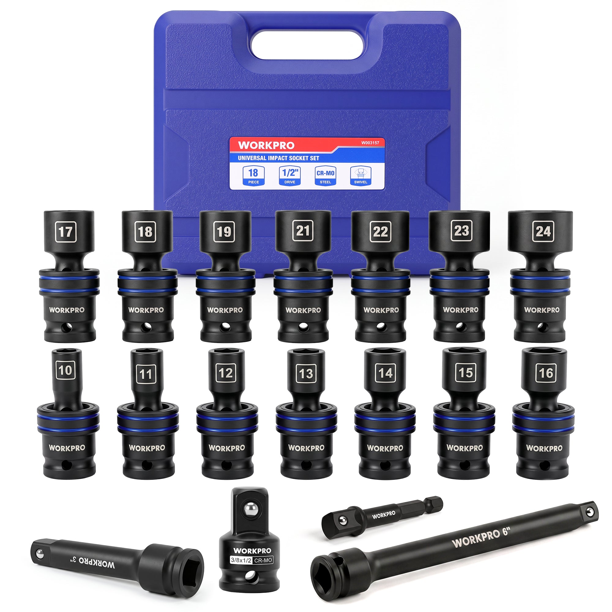 WORKPRO 18-Piece 1/2" Dr. Universal Impact Socket Set, Metric - Image 2