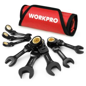 WORKPRO 8-Piece Flex-Head Stubby Anti-slip Ratcheting Wrench Set with Rolling Pouch, SAE 5/16-3/4 in