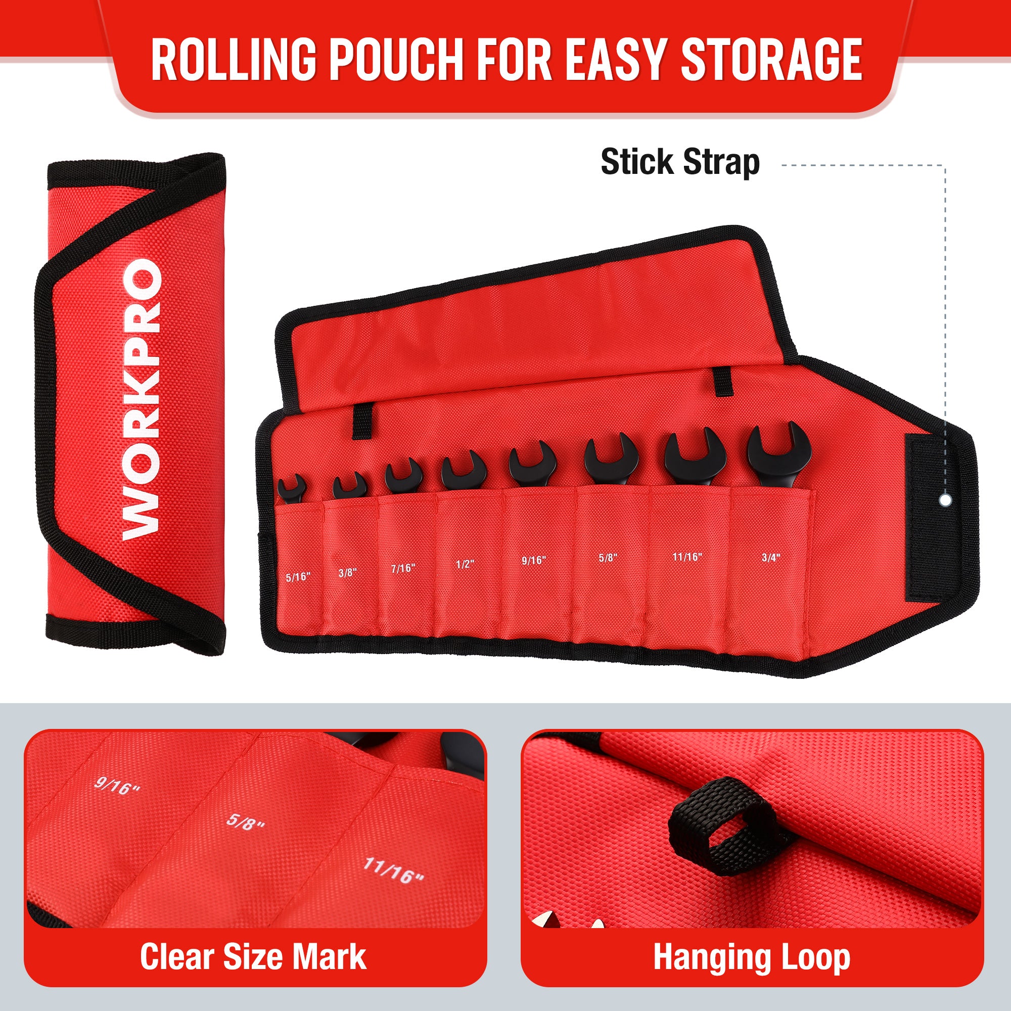 WORKPRO 8-Piece Flex-Head Stubby Anti-slip Ratcheting Wrench Set with Rolling Pouch, SAE 5/16-3/4 in - Image 8