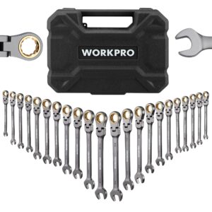 WORKPRO 22-Piece Flex-Head Ratcheting Wrench Set with Organizer Box, 72 Teeth, Metric 6-18mm & SAE 1/4-3/4"