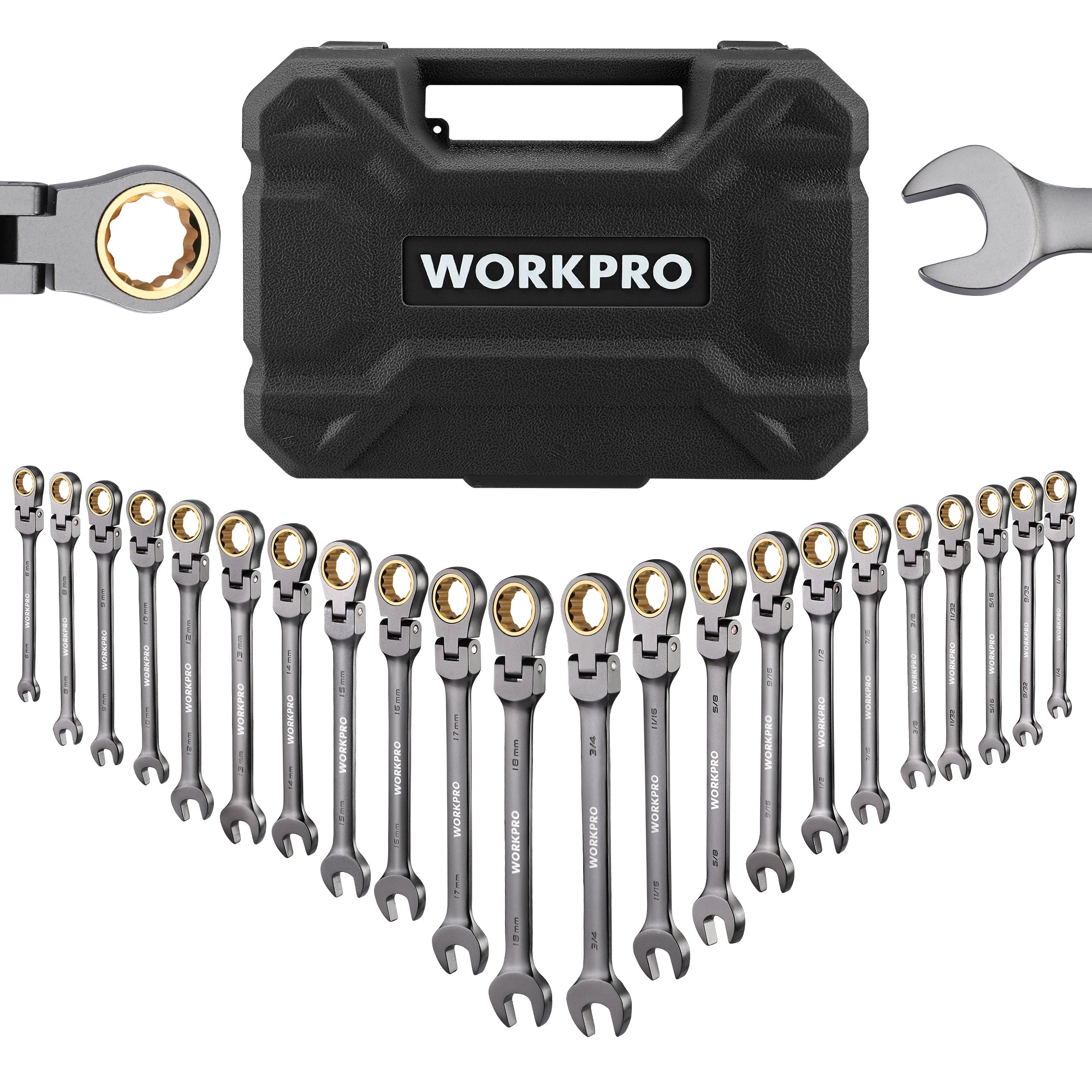 WORKPRO 22-Piece Flex-Head Ratcheting Wrench Set with Organizer Box, 72 Teeth, Metric 6-18mm & SAE 1/4-3/4"