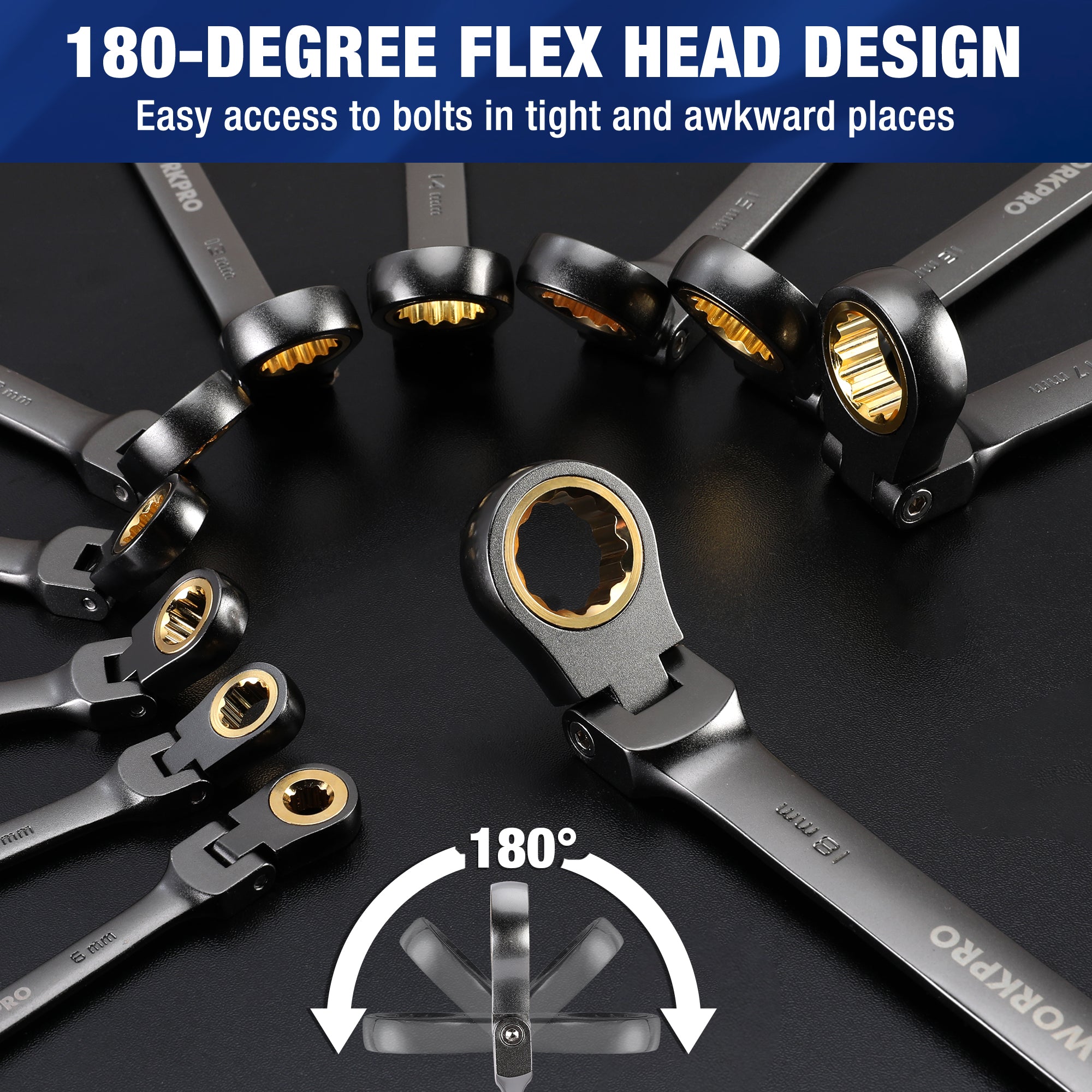 WORKPRO 22-Piece Flex-Head Ratcheting Wrench Set with Organizer Box, 72 Teeth, Metric 6-18mm & SAE 1/4-3/4" - Image 4