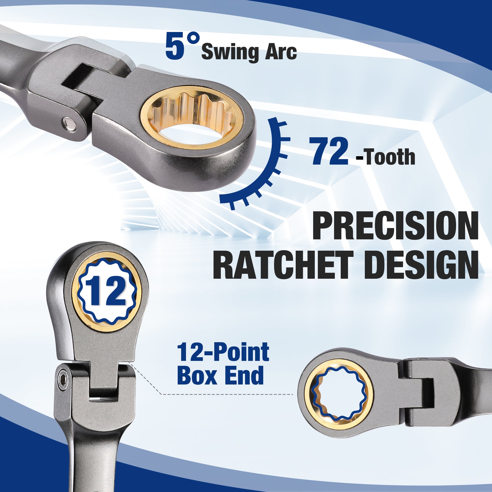 WORKPRO 22-Piece Flex-Head Ratcheting Wrench Set with Organizer Box, 72 Teeth, Metric 6-18mm & SAE 1/4-3/4" - Image 3