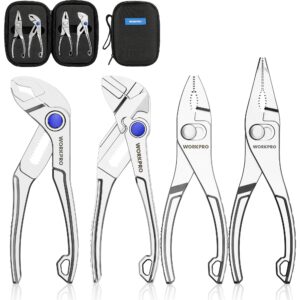 WORKPRO 4-Piece Mini Pliers Set with Pouch, Includes 4-Inch Plier Wrench & Slip Joint & Water Pump Pliers & 4.5-Inch Long Nose Slip Joint Plier, Adjustable Pliers/Pocket Plier/EDC Tool Gift for Man