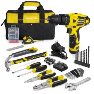 WORKPRO 12V Cordless Drill, Power Tool Set for Home, 177 Pieces Combo Kit with 14-inch Storage Bag and 2000mAh Lithium-Ion Battery & Charger (Yellow)