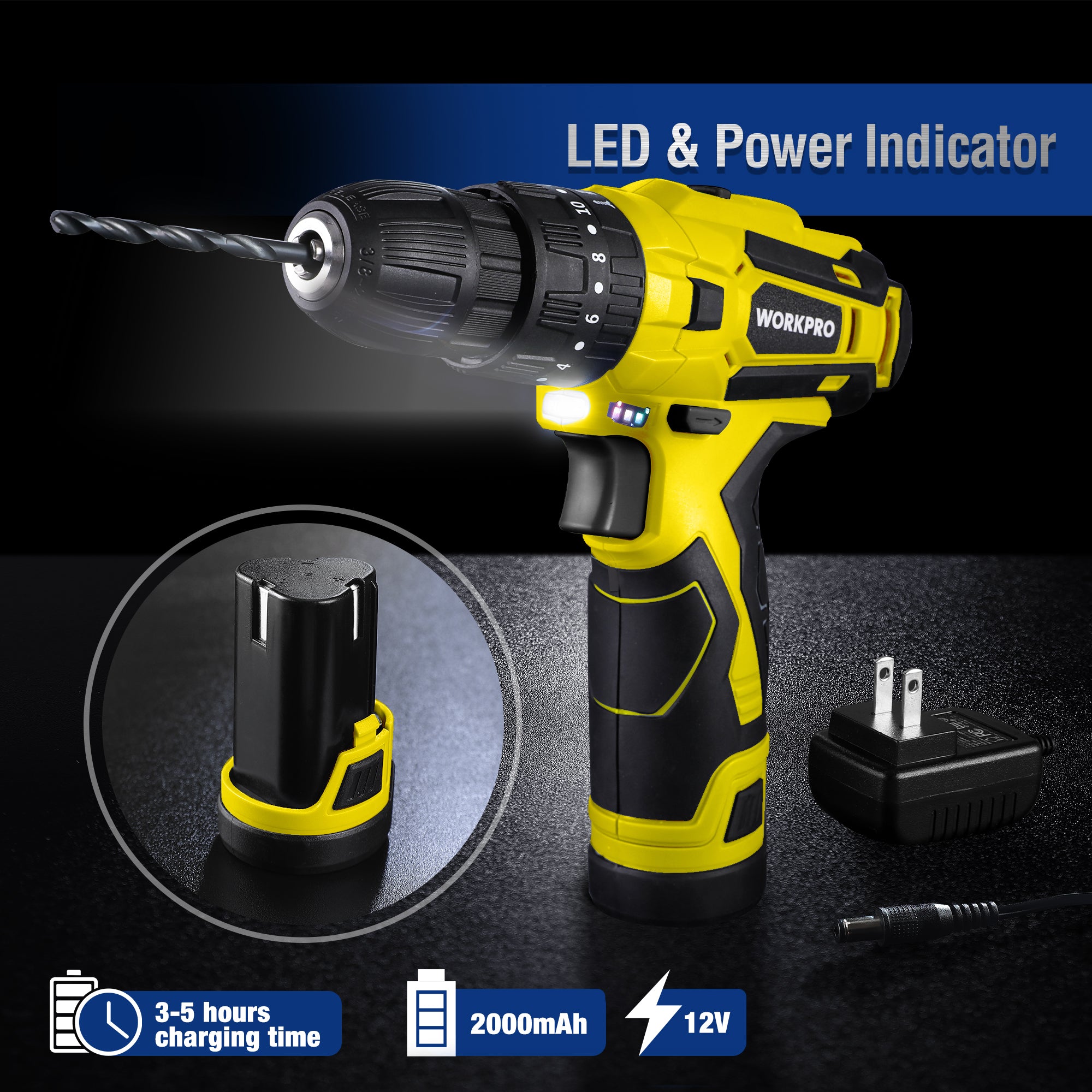 WORKPRO 12V Cordless Drill, Power Tool Set for Home, 177 Pieces Combo Kit with 14-inch Storage Bag and 2000mAh Lithium-Ion Battery & Charger (Yellow) - Image 3