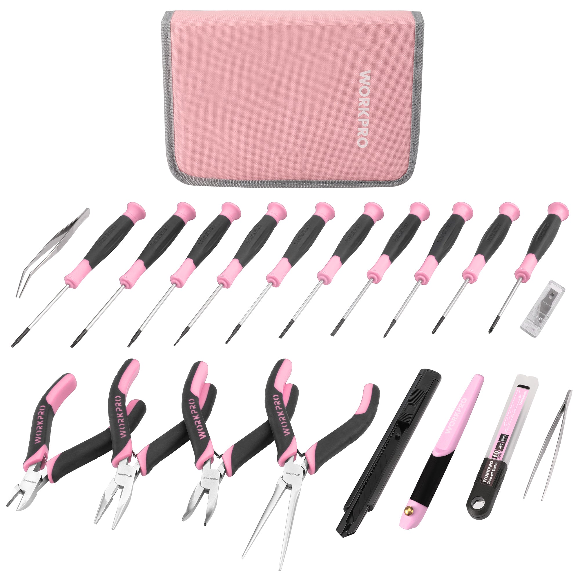 WORKPRO 33 Pcs Precision Repair Tool Set Includes Pliers Set - Pink Ribbon